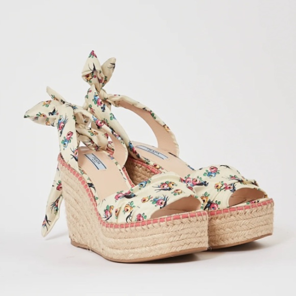 Prada Floral bird print lace up Espadrille Wedges heels sandals 41 10